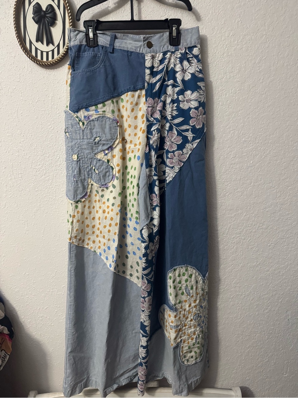 Easel Patchwork Boho Wide-Leg Pants in Blue and Floral